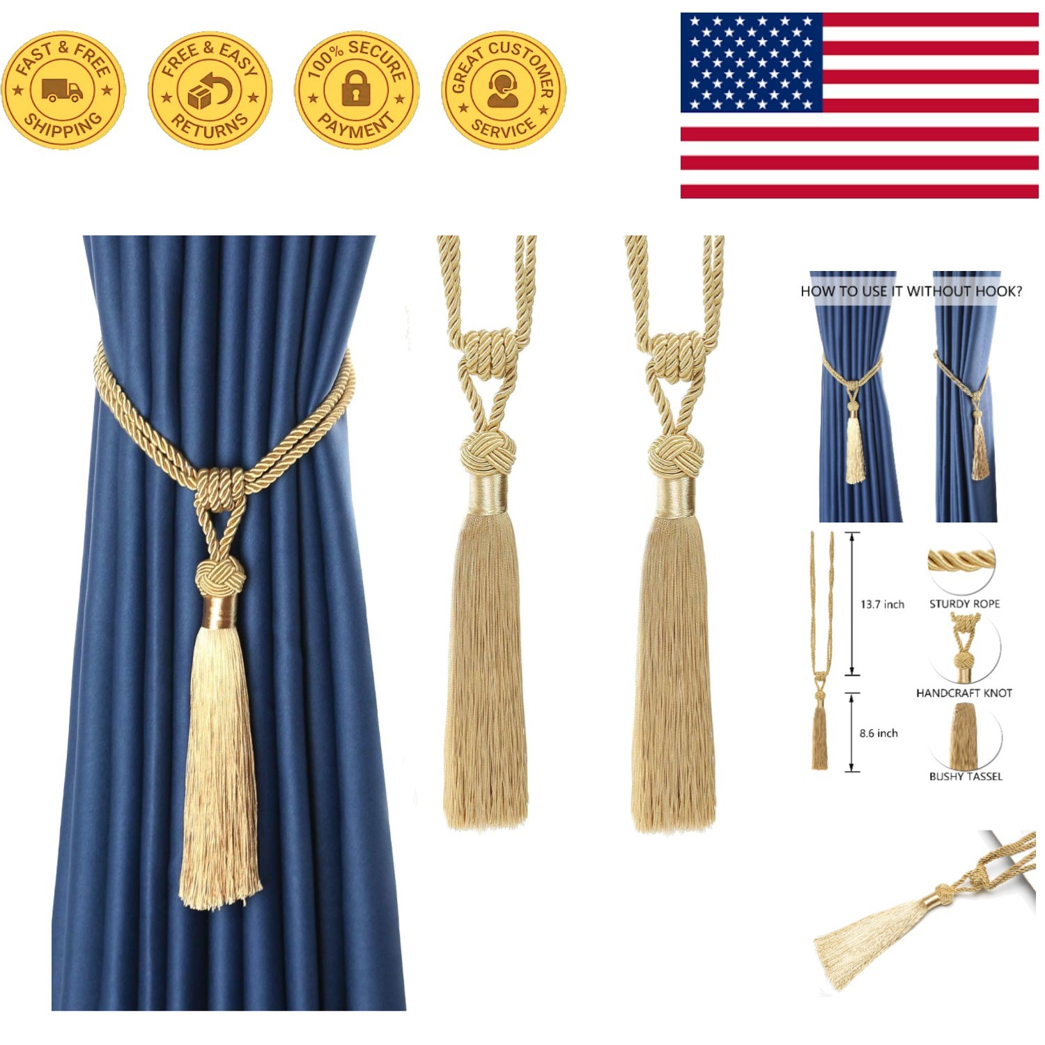 Hand-Woven Gold Curtain Tiebacks – Decorative Tassels for Home Elegance, 2 Pack