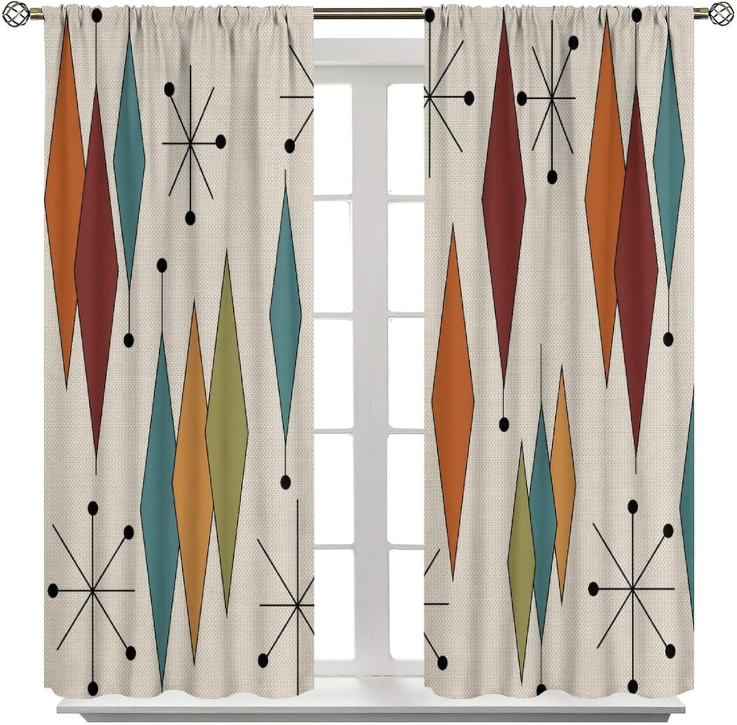 Abstract Geometric Modern Curtains Mid Century Art Colorful Orange Blue Green Wi