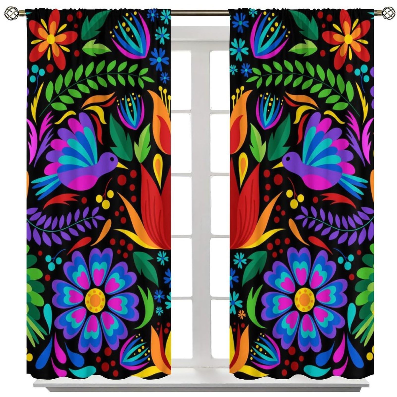 SYZWWSYX Mexican Flower Curtains, Vintage Colorful Mexican Floral Bird Art Pr…
