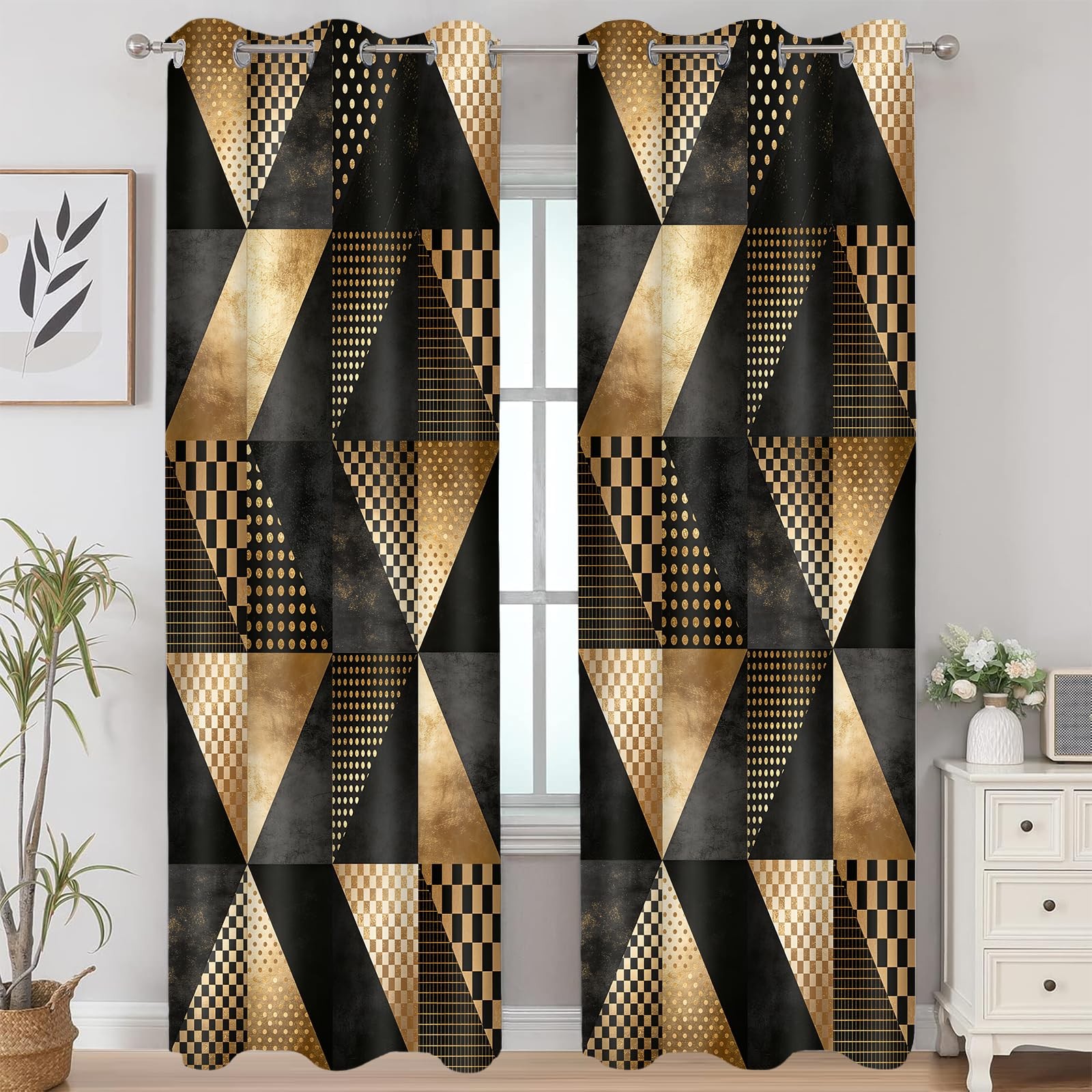 Geometric Curtains, Black Gold Triangle Pattern, 42×84 Inch 2 Panels