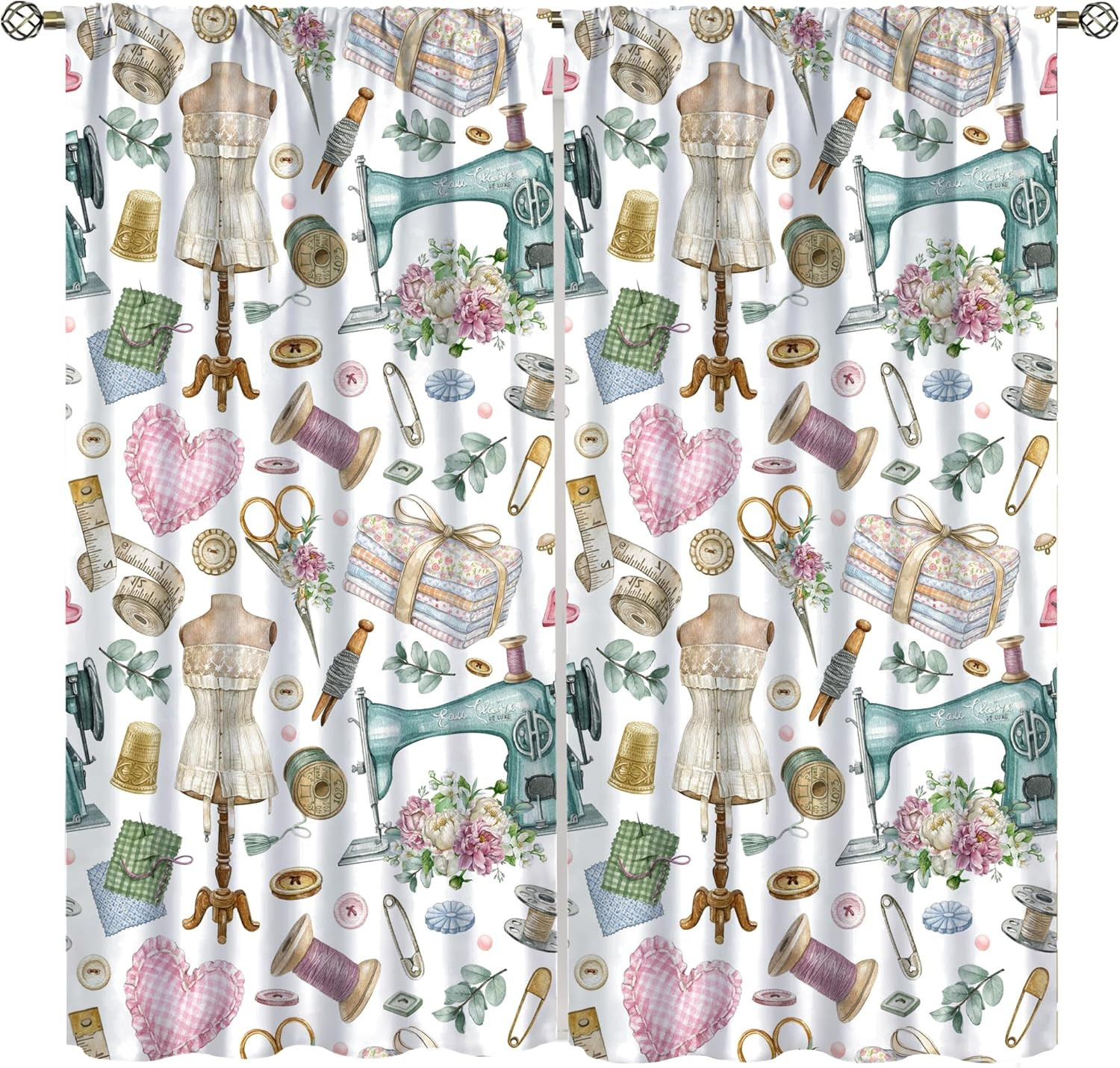 Sewing Theme Window Curtain,Vintage Sewing Machine Tool Watercolor Pattern Print