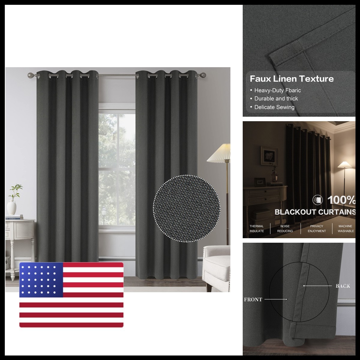 Keqiaosuocai Charcoal /Dark Gray Linen 100 Blackout Curtains 84 Inch Length 2