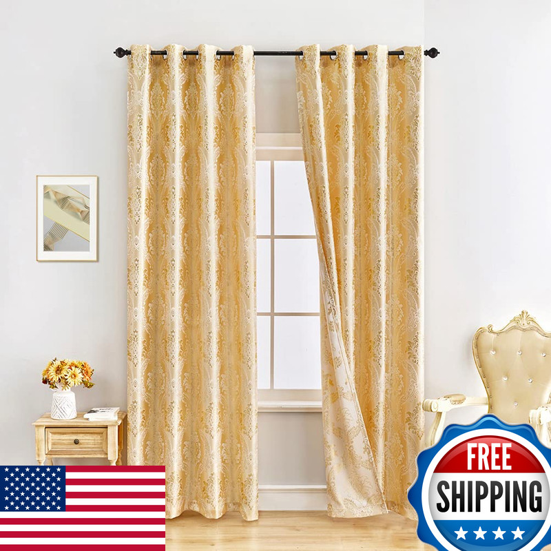 Elkca Luxury Golden Jacquard Curtains Set For Bedroom European Style Window