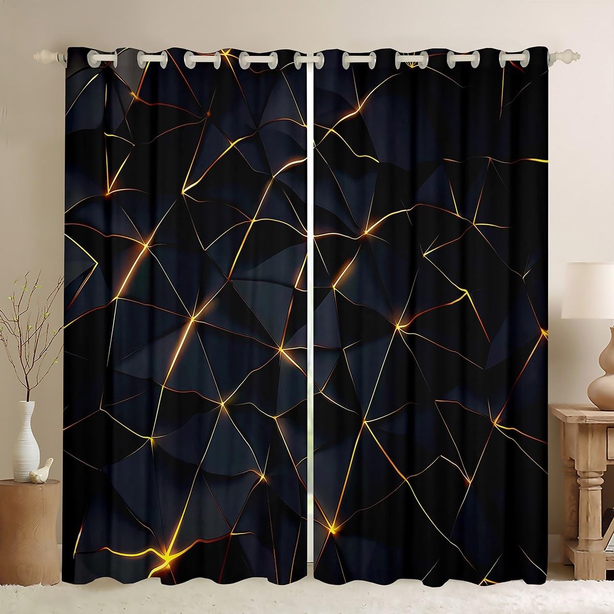 Feelyou Honeycomb Curtains Black Gold Print 52W X 90L 2 Panels for Living Room