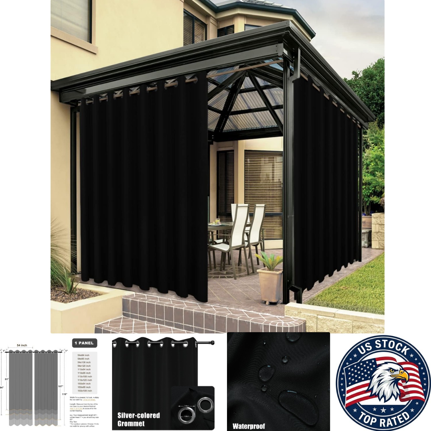 Black Waterproof Grommet Outdoor Curtain 110″W x 120″L – Privacy & Style