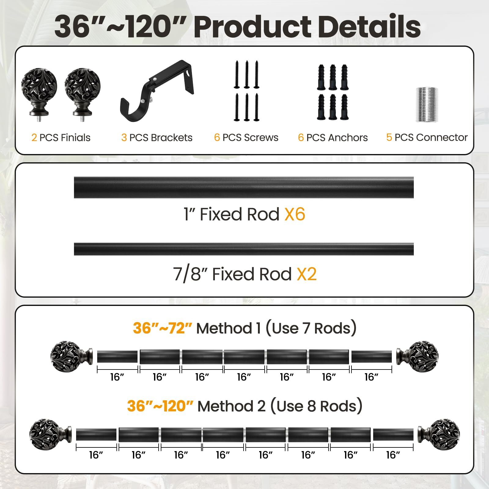 Oil Rubbed Bronze Curtain Rods 36 to 120 inches 3-10 ft 1 Inch Diameter Adjus…