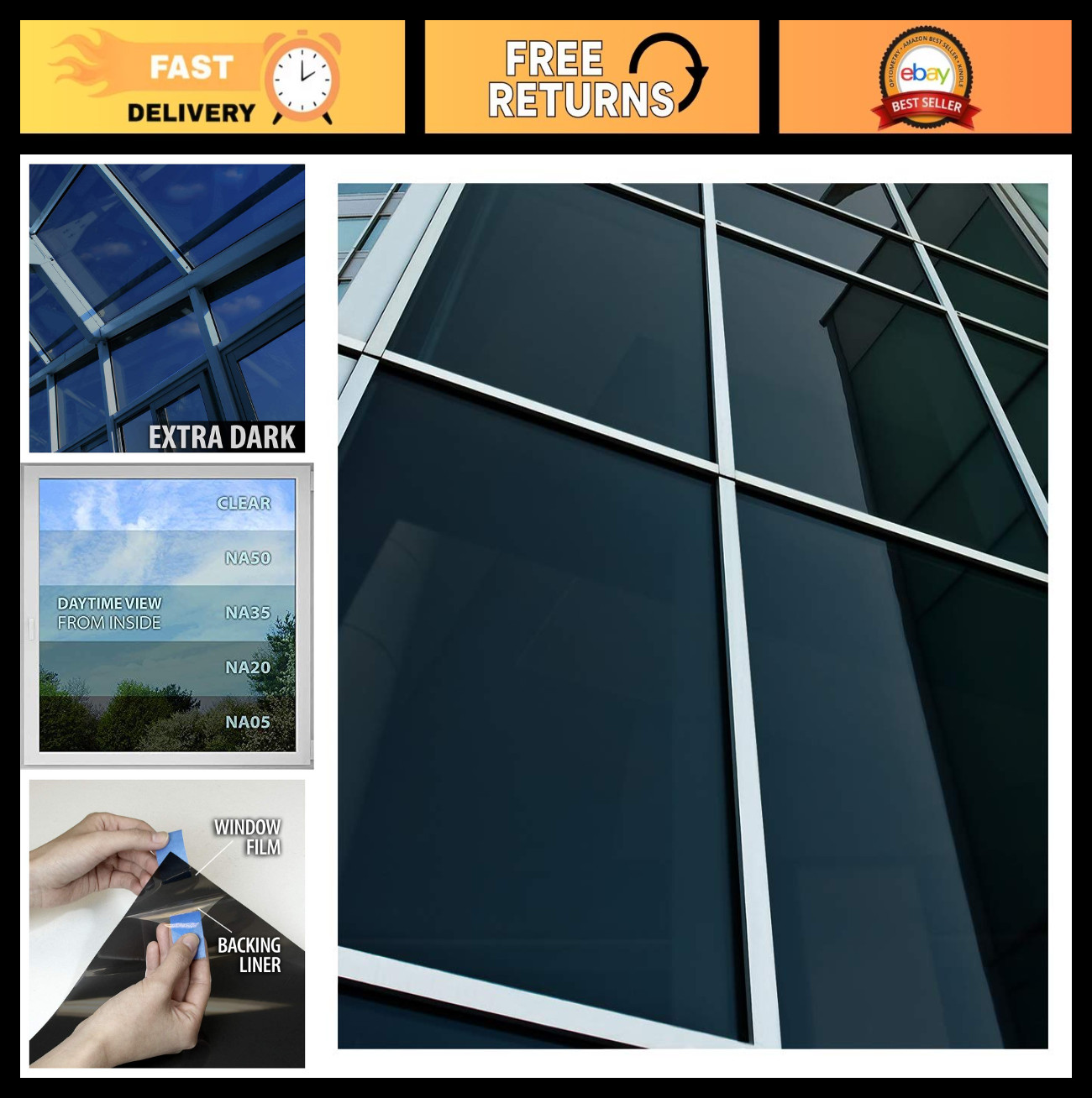 Daytime Privacy Window Film – Sun Control Natural Black 5% – 24in x 24ft Roll