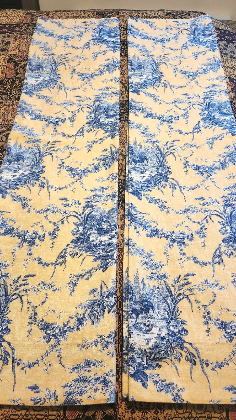 VINTAGE Yellow/Blue FRENCH TOILE Curtains 100% COTTON Fully Lined 51″L/50″W