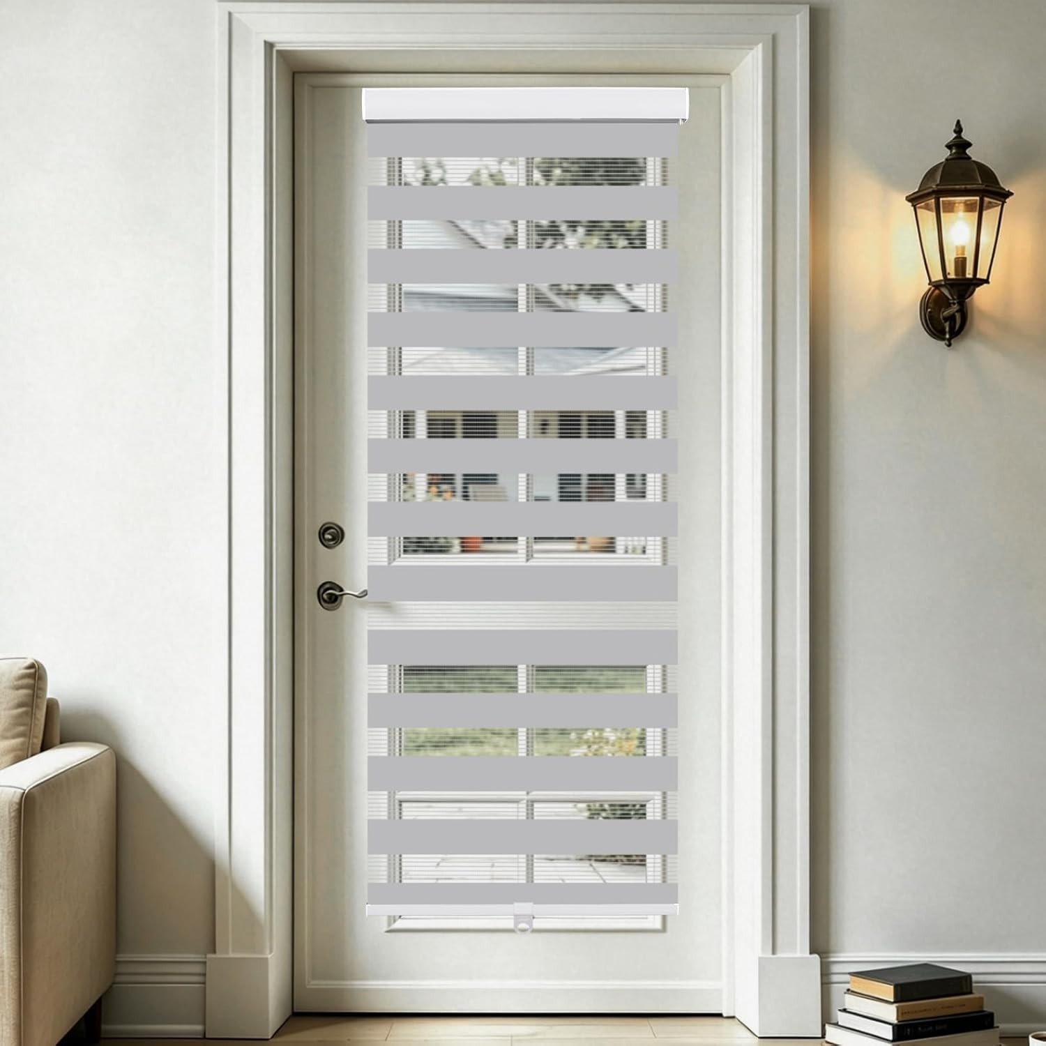 Cordless Zebra Blinds for Window, French Door with Valance 56″ W x 90″ H, Gray