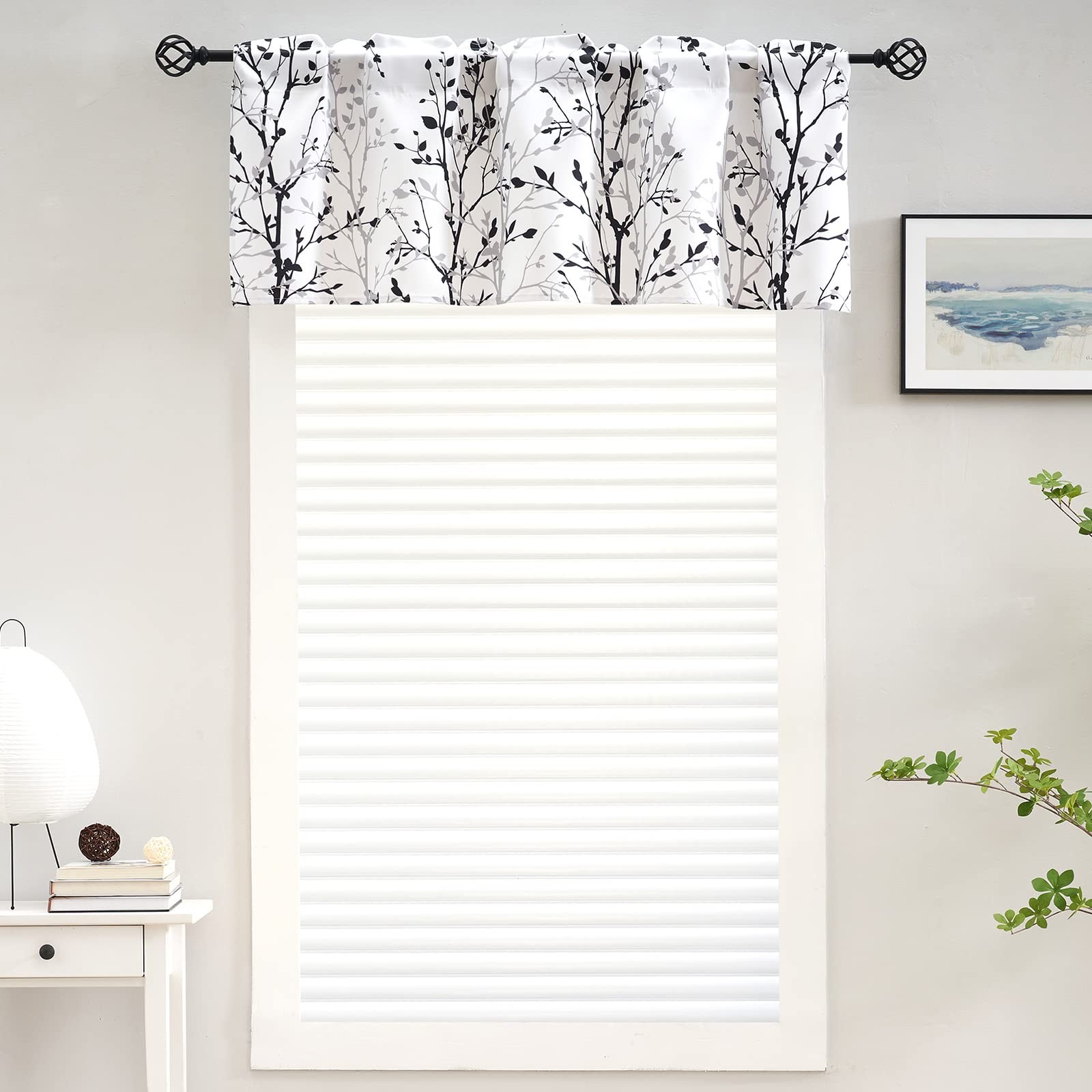 Tree Branch Printed Valance Curtain 18 Inches Long Kitchen Valance Black And Gre