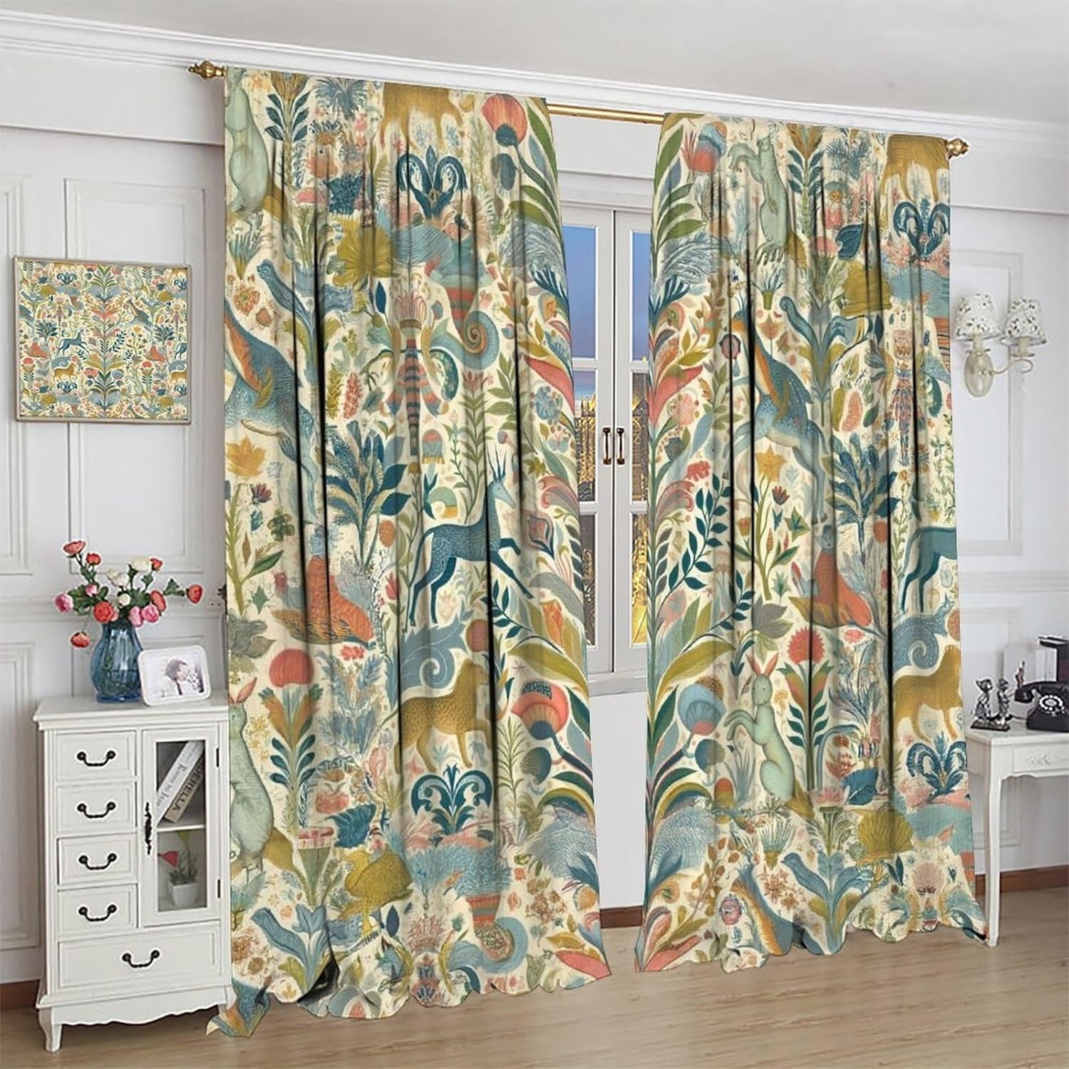 Vintage Flower Curtains,William Morris Art Print Retro Plant Bird Window Drapes