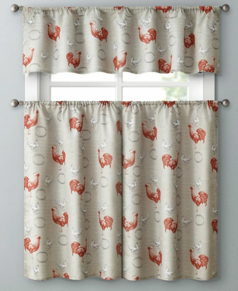 3 pc. Curtains Set: Valance (56″x14″) & 2 Tiers (28″x36″) ROOSTER & STAMPS, VC