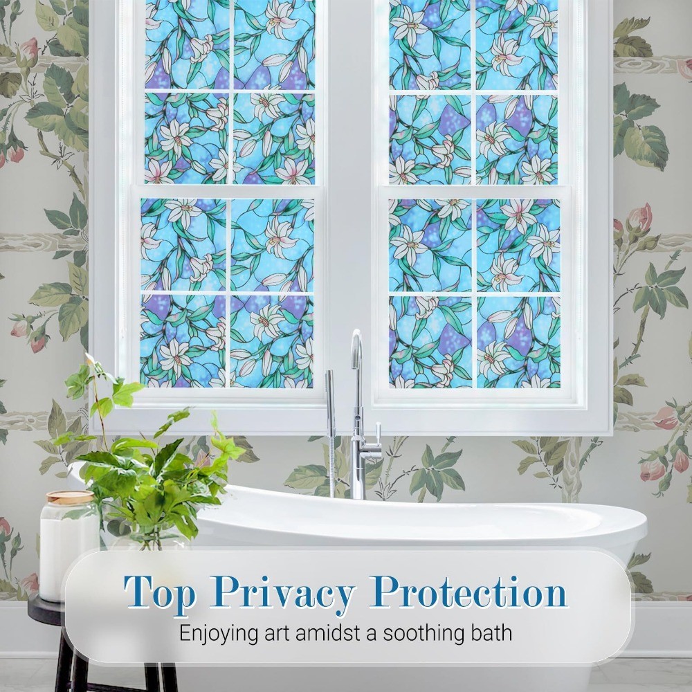 rabbitgoo Stained Glass Window Film Static Cling Blue Lily Decorative Film Door