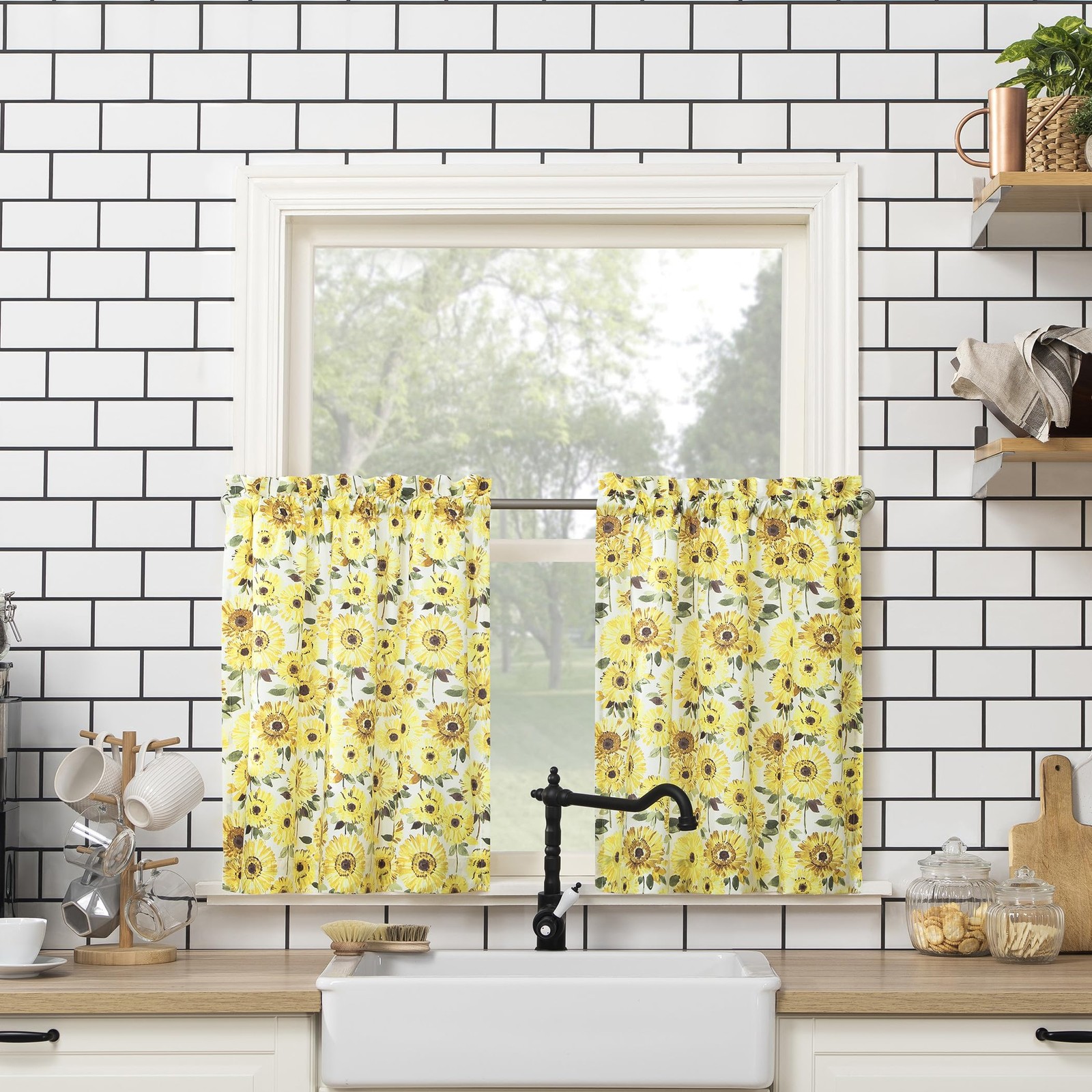 Sunbeam Sunflower Print Half Scarf Curtain Set for Kitchen, 137.2 x 61 cm, 3…