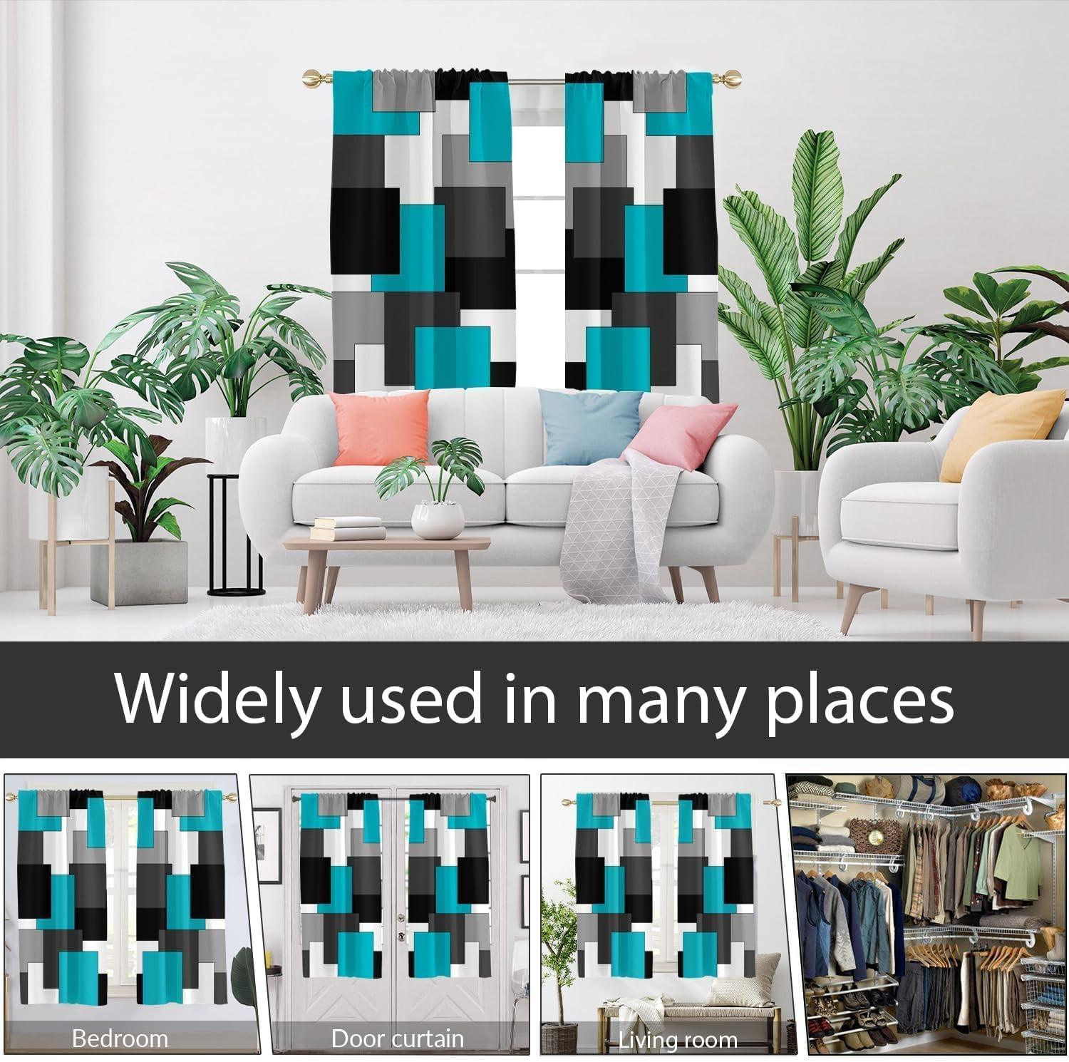 Teal and Black Window Curtain Turquoise Aqua Grey Gray White Dark Abstract Moder