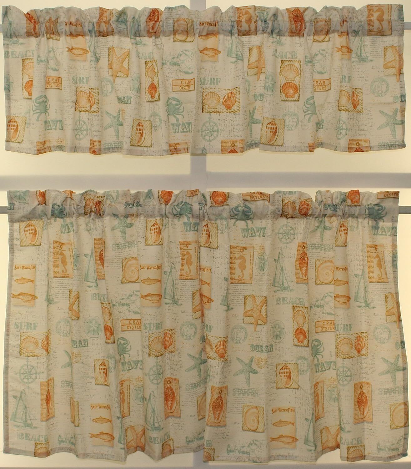 By The Sea Green Window Curtain Rod Pocket Marine Starfish Crab Nautical Fish
