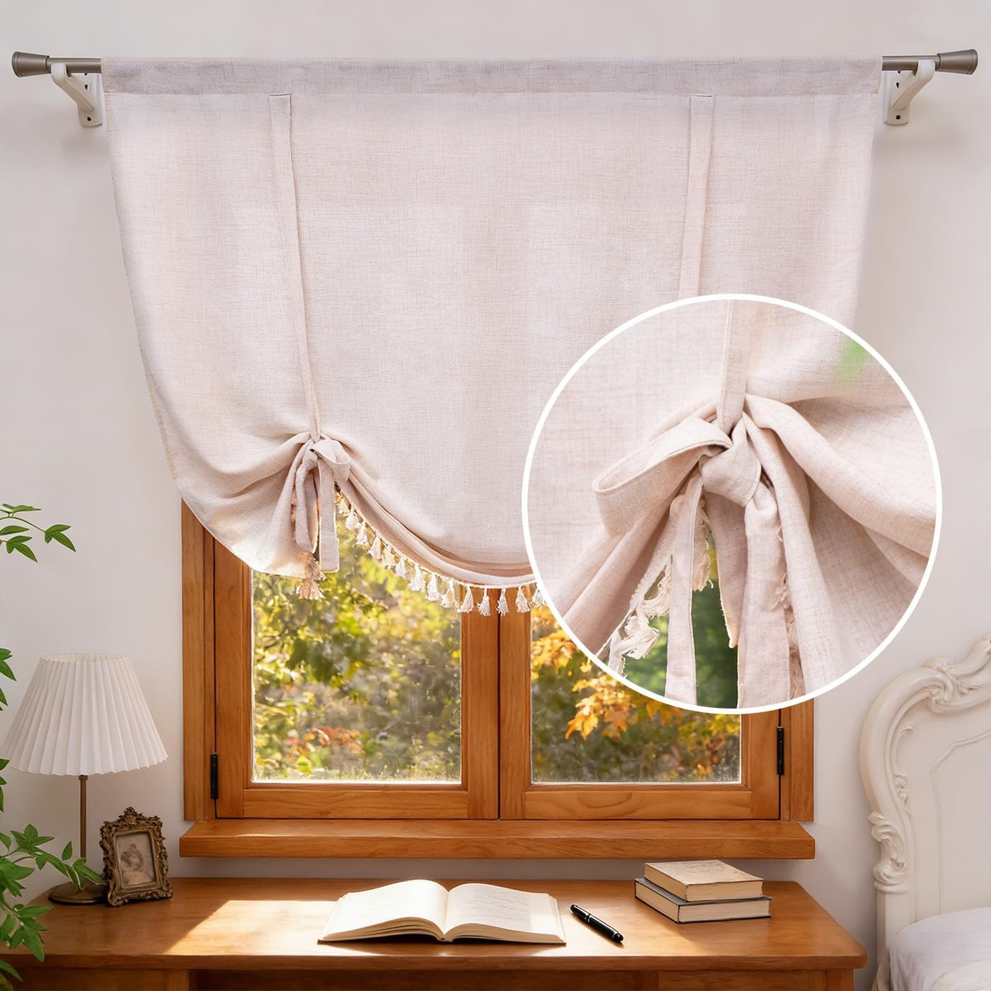 Boho Tassel Tie up Curtains Rustic Farmhouse Balloon Shades Beige Valance for Sm