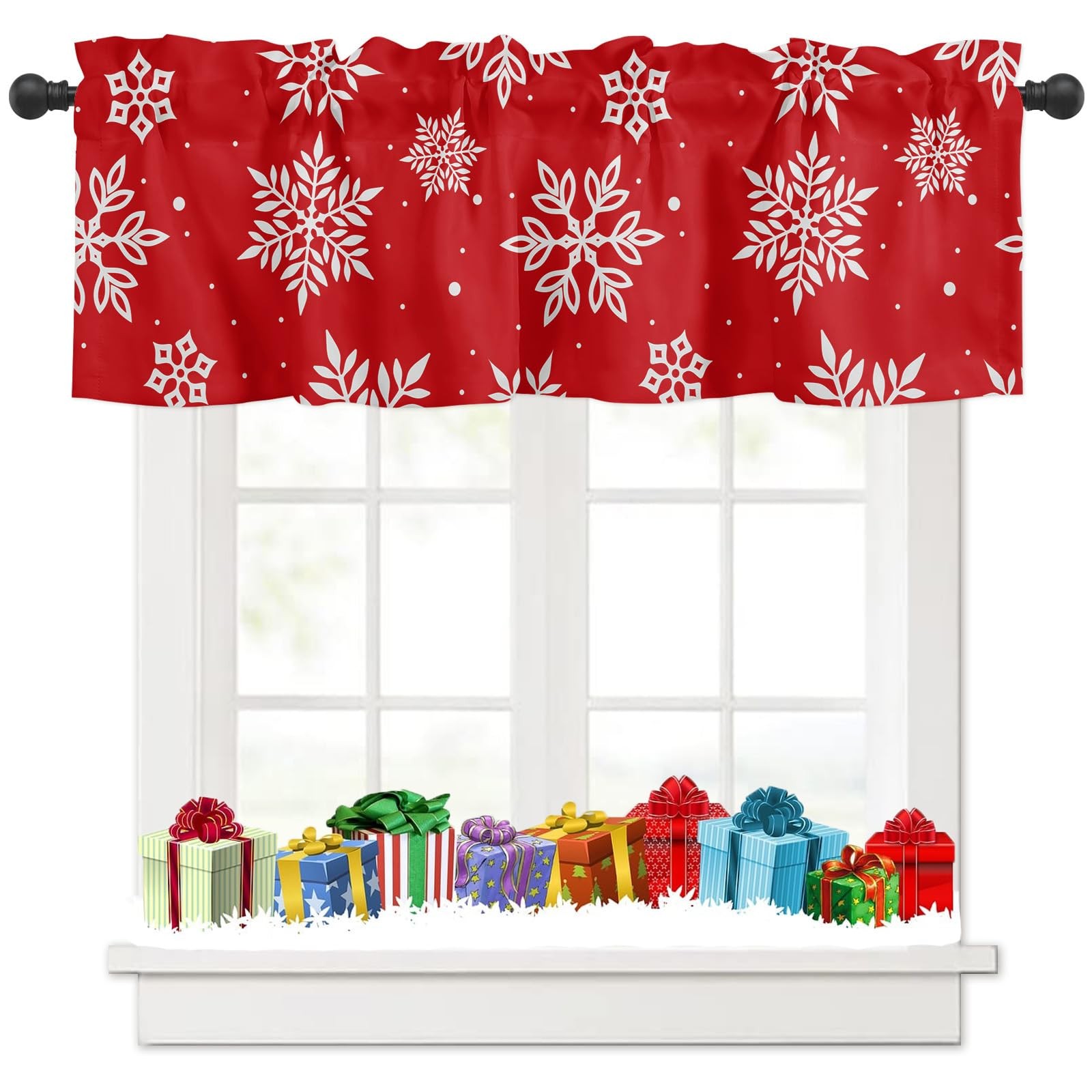 Christmas Window Curtain Valance for Kitchen Bedroom, Snowflakes Printed Red …