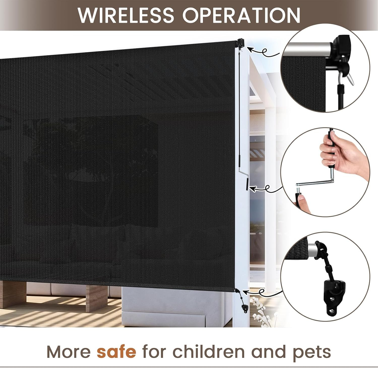 Outdoor Roller Shades for Patio, 8′ W X 8′ H Cordless Patio Shades Roll up Outdo