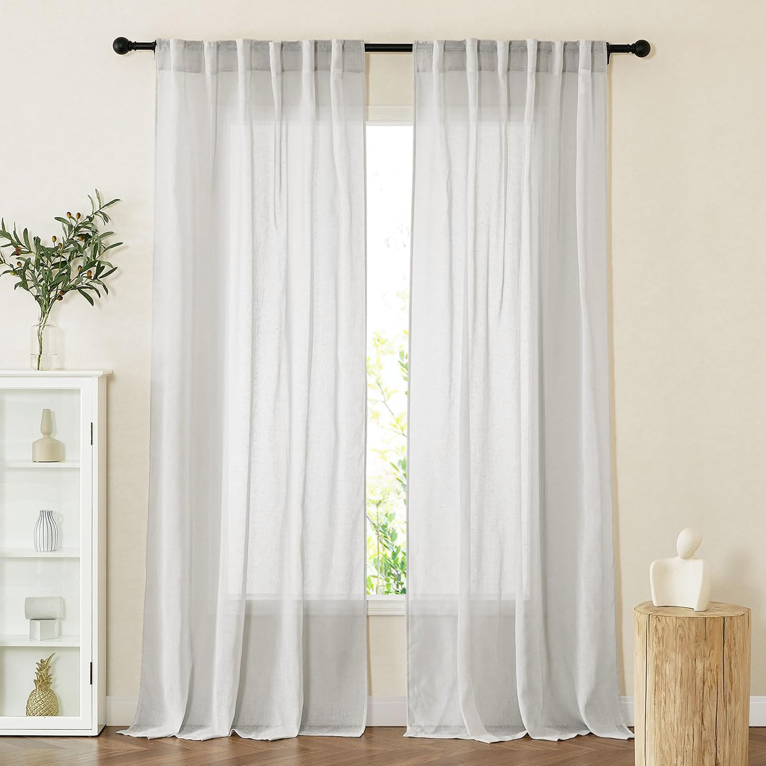 Natural Linen Back Tab Curtains 84 Inch Length for Living Room 2 Panel Pocket Dr