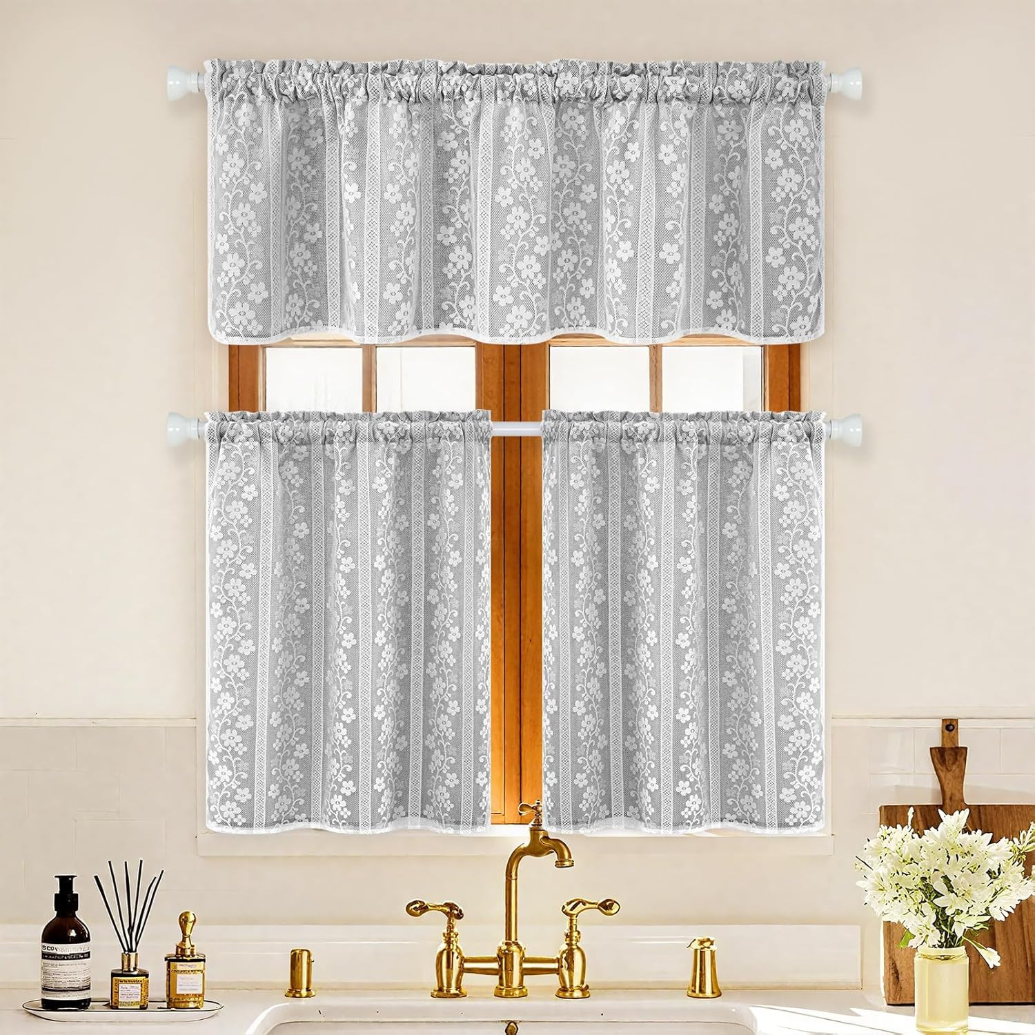 Linen Kitchen Curtains 36 Inch Length, Double Layered Window Curtain 2 Panel Set