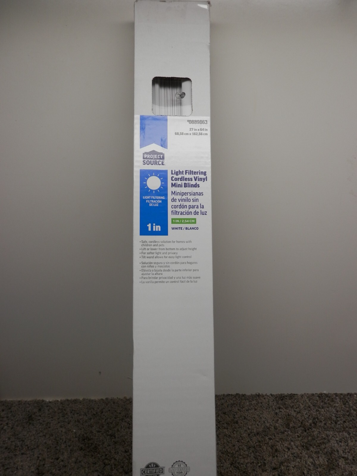 PROJECT SOURCE LIGHT FILTERING CORDLESS VINYL BLINDS 1.IN X 27IN. X 64 IN.