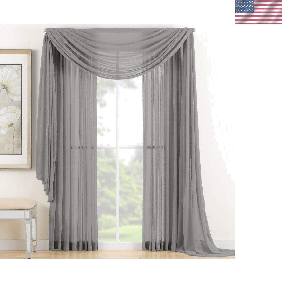 3 Piece Sheer Panel 2 Pieces 58″ x 84″ and Scarf Window 1 Pieces 37″ x 216″ C…