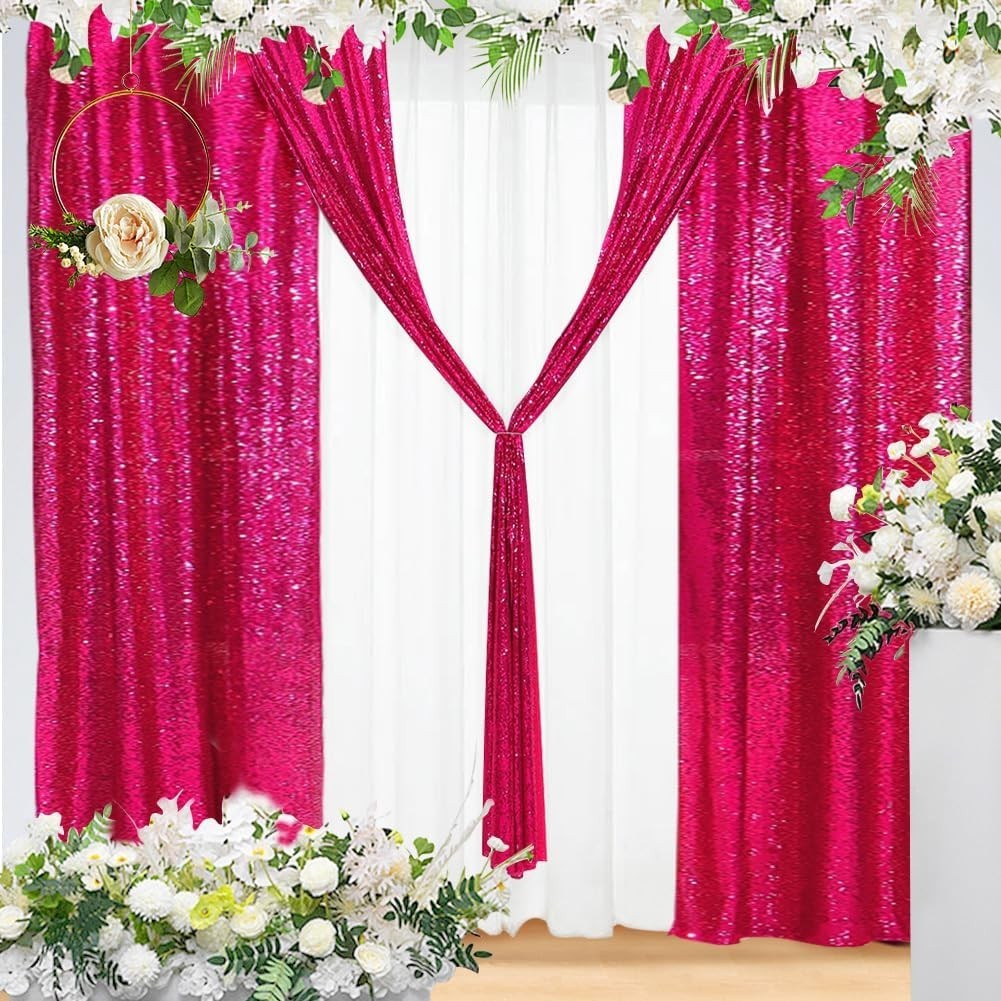 Hot Pink Shimmer Sequin Curtain Set – 2FTx8FT for Birthday, Wedding, Photography