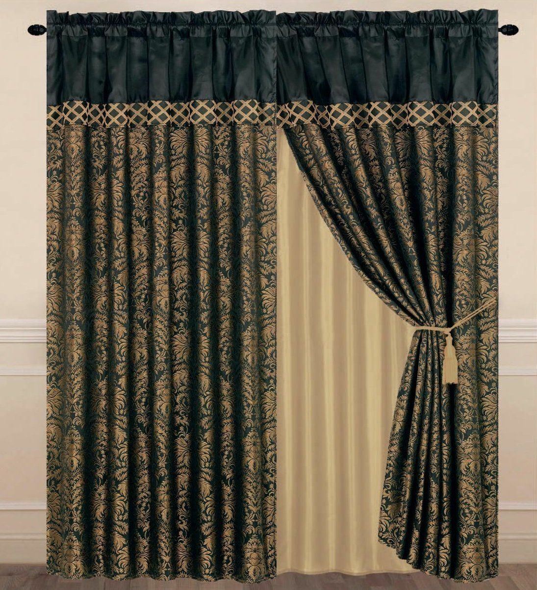 4 pc Black Gold Floral Trellis Window Curtains Panels Drapes Pair 84 in Valance