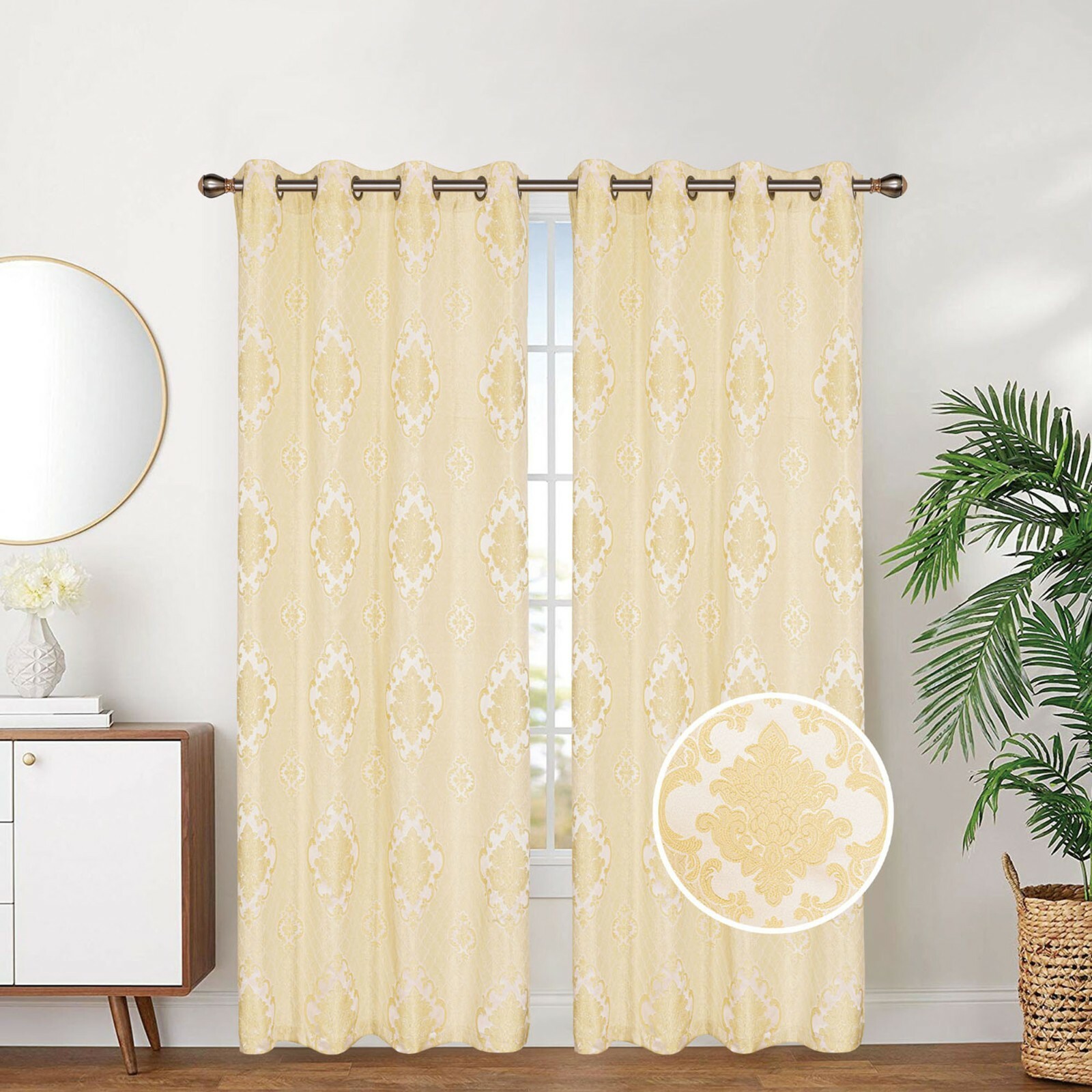 Jacquard Embroidered Damask Pattern Grommet Top Window Curtain Panel Drape 81035