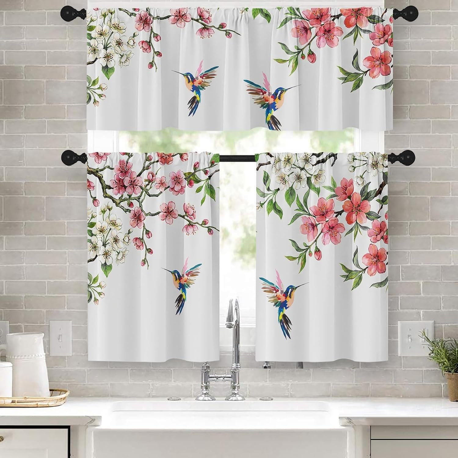 Flower Bird Kitchen Curtains Spring Butterfly Window Curtains Valance and Tier