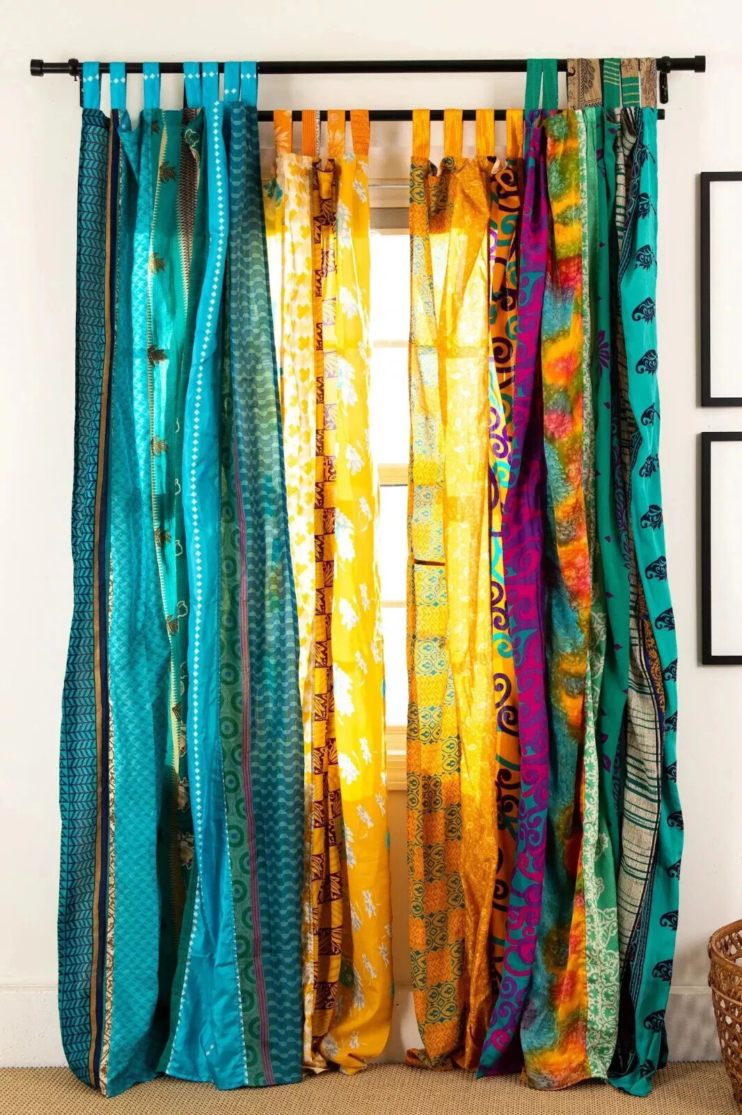 Indian Vintage Silk Sari Patchwork multi Color Curtain Drape Home Window Decor,