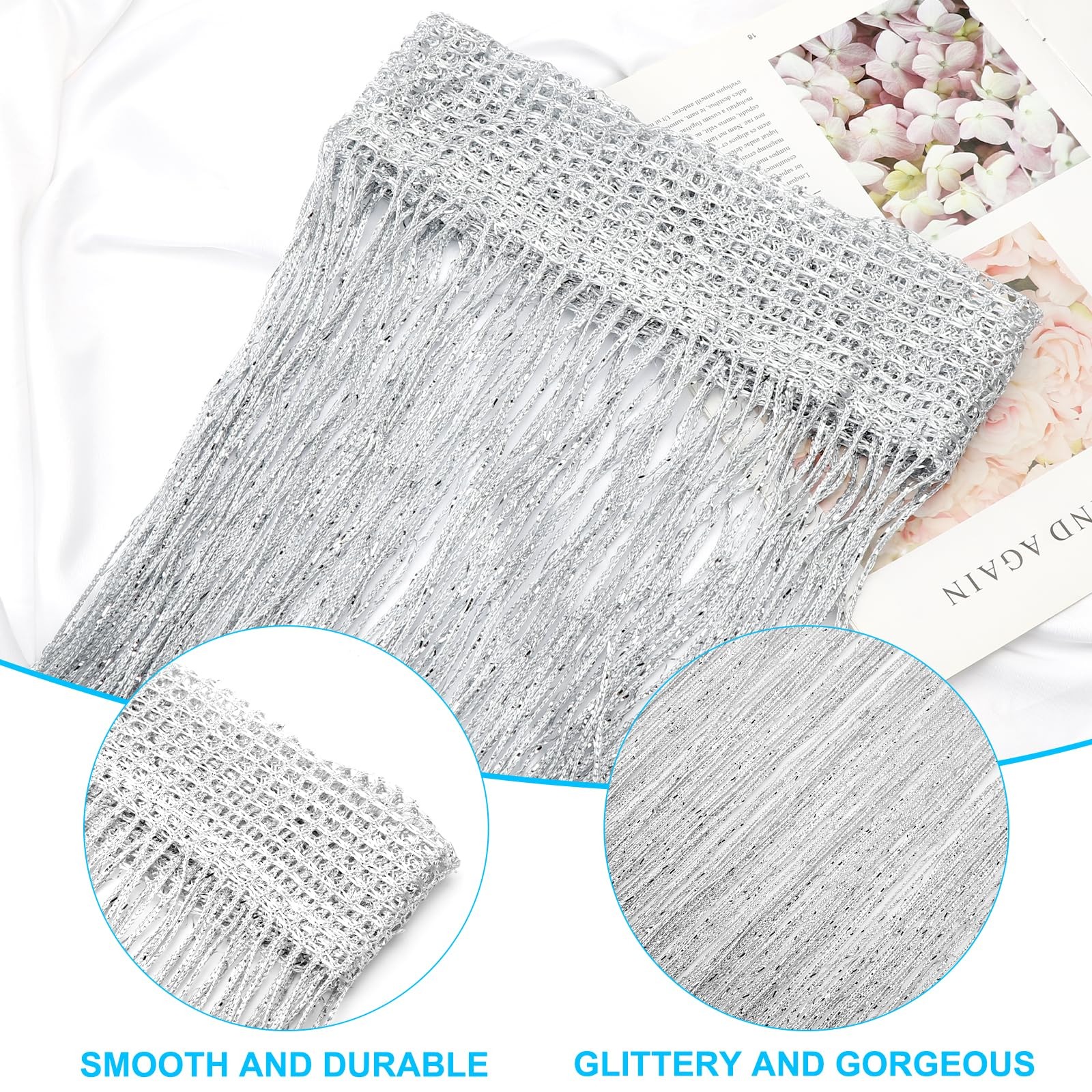 2 Piece Thread Curtain Set, 100 X 200cm Thread Curtain Glitter Silver Grey Bow Tie…