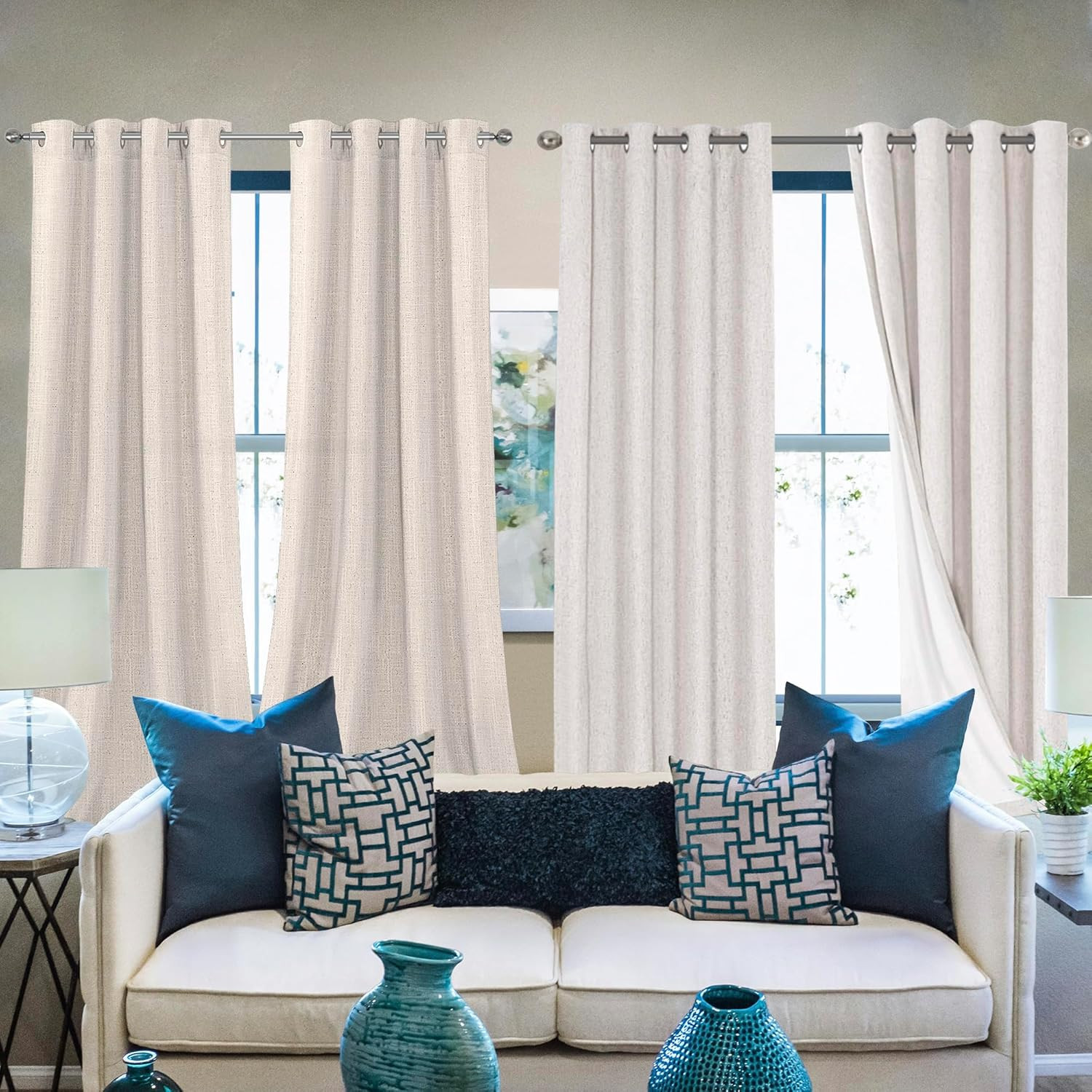 100% Blackout Linen Curtains 96″ Long Ivory Grommet Pair Set