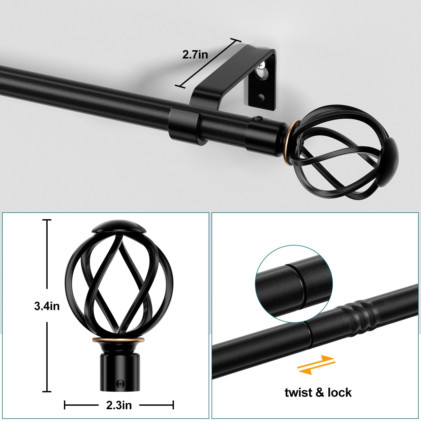 Black 5/8 Curtain Rod Set, 40-62 Inch, Twisted Cage Finials, Heavy Duty