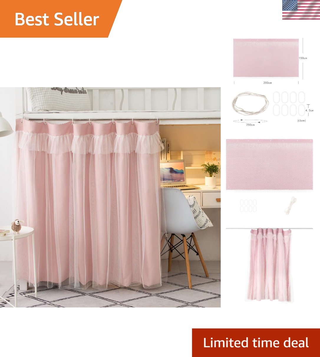 Dorm Bed Curtains Blackout Pink Bunk Bed Privacy Canopy for Student Rooms