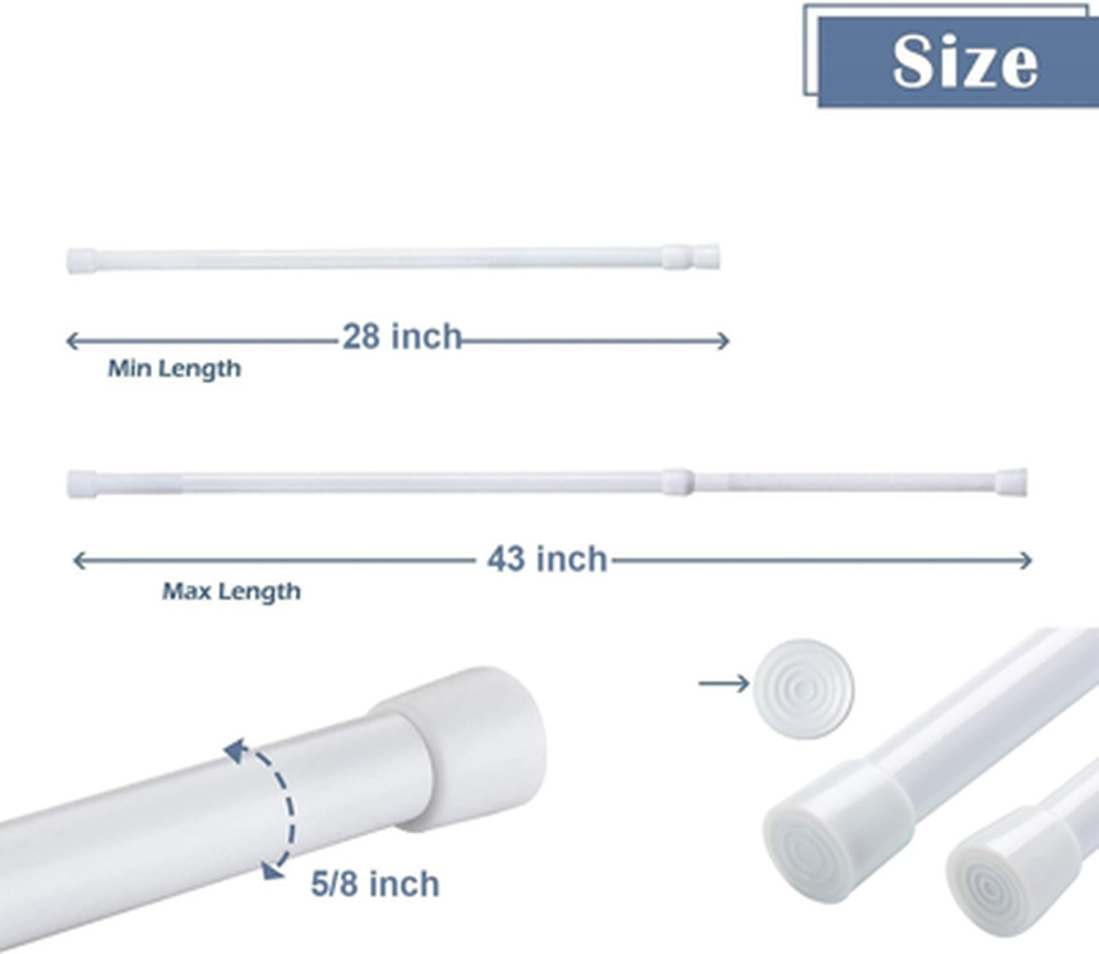 Adjustable 2 Pack Spring Tension Curtain Rods 28-43 Inches White No Drilling