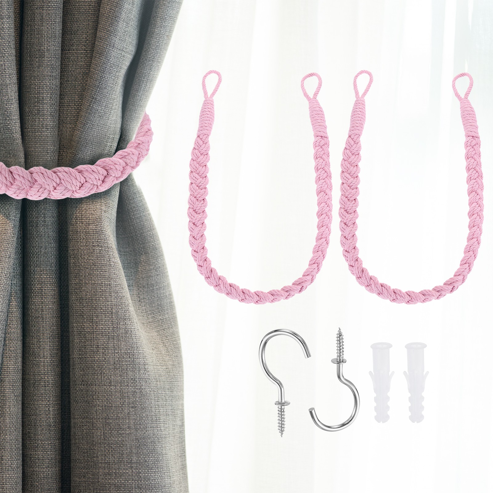 2Pcs Rope Curtain Tiebacks, 23.6″ Hand-Woven Curtain Holdback, Pink