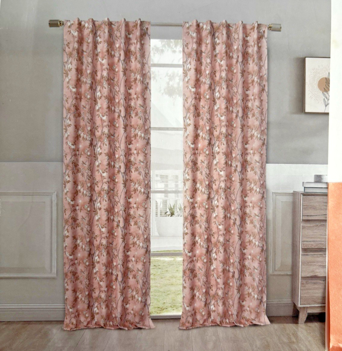 Laura Ashley Window Curtains 2 Panels 38 x 84 Birds Rose Pink Brown Back Tab New