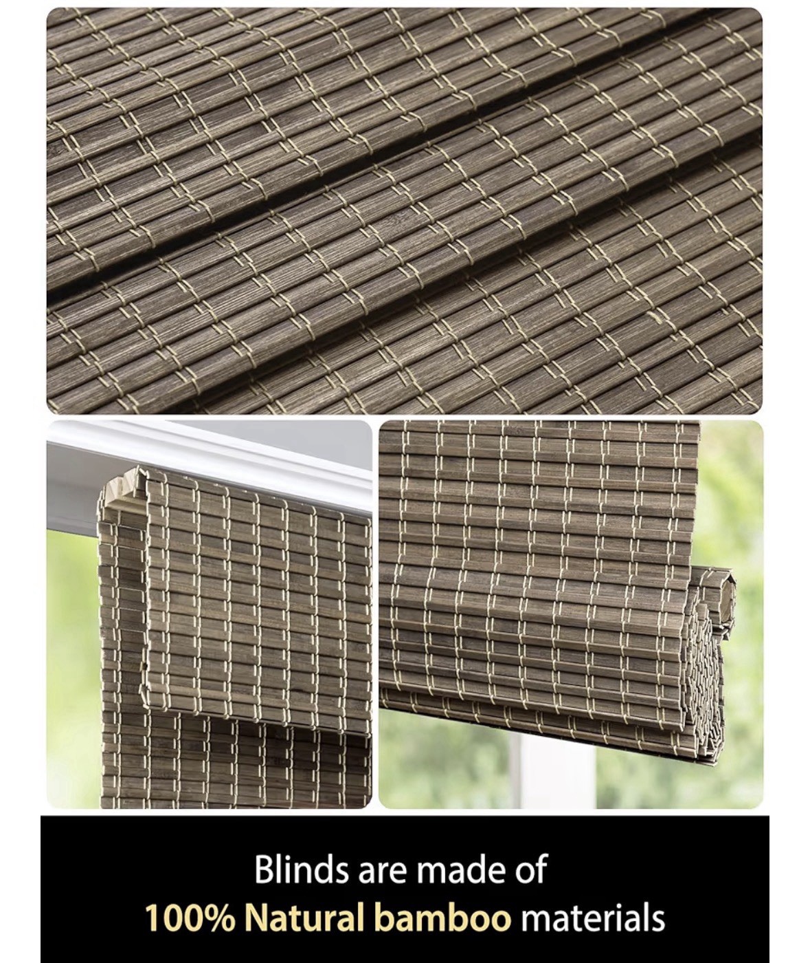 BDP Cordless Roman Shade Light Filtering Bamboo Driftwood Privacy 22.5 x 48
