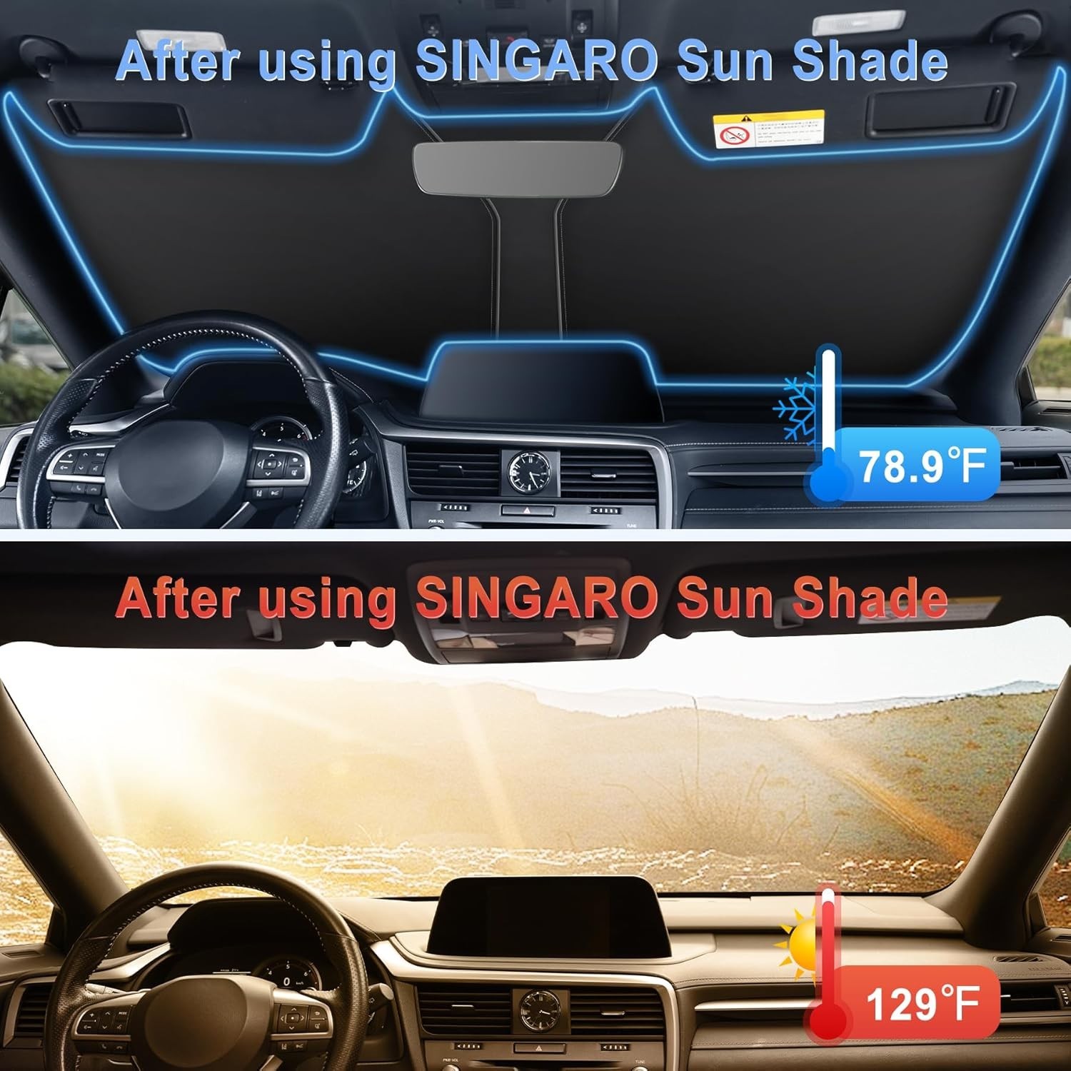 SINGARO 300T Universal Car Windshield Sun Shade, Foldable Reflective for Windshi