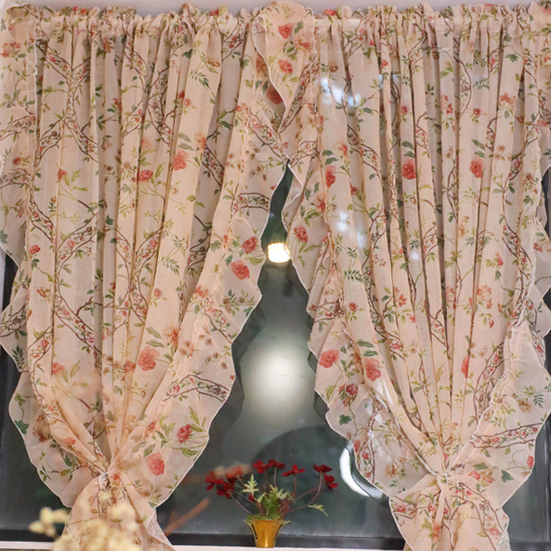 American Pastoral Curtains Floral Falbala Tulle Window Drape Panel Rod Pocket