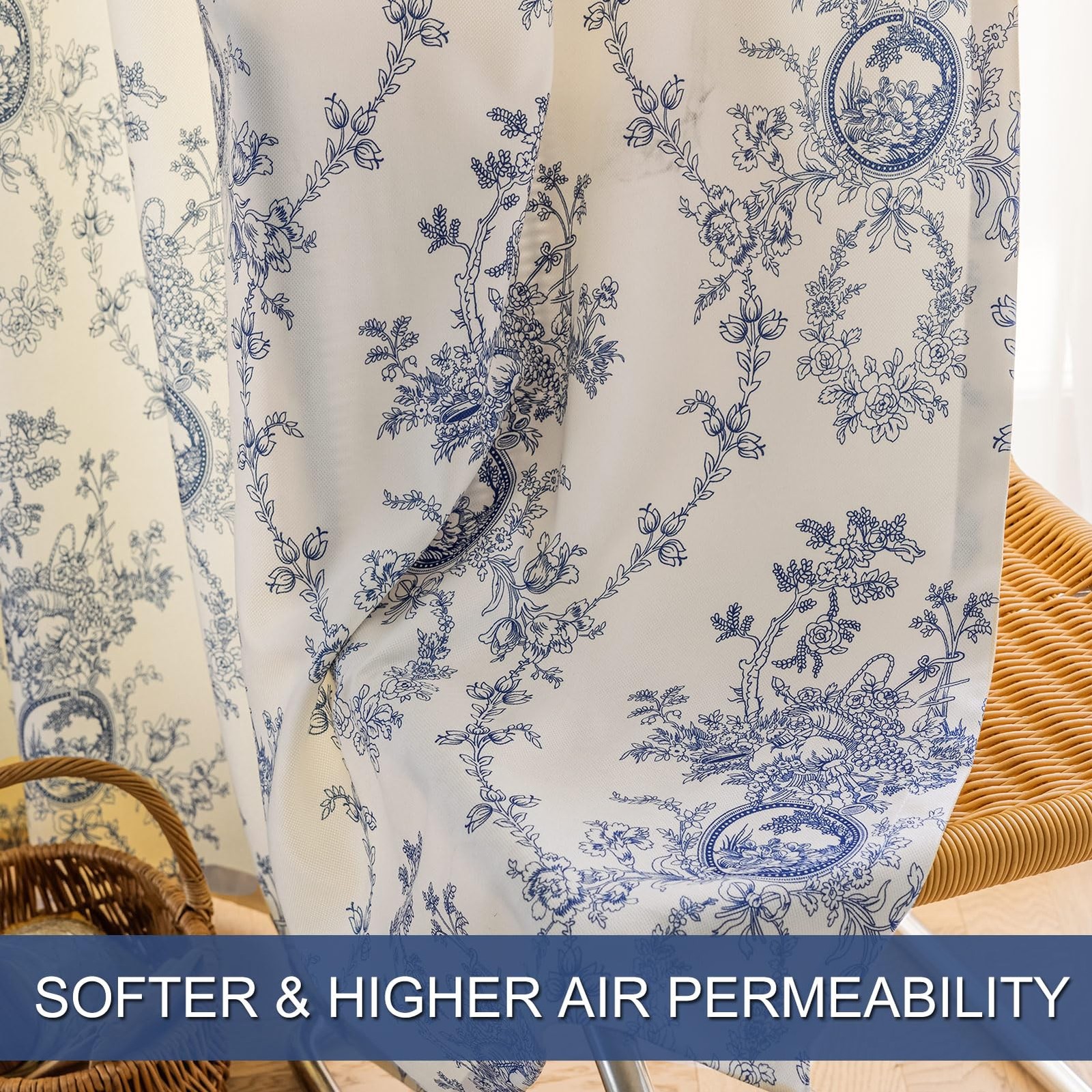 SUOUO Blue and White Floral Chenille Curtains 52″W x 84″L (Pack of 2),