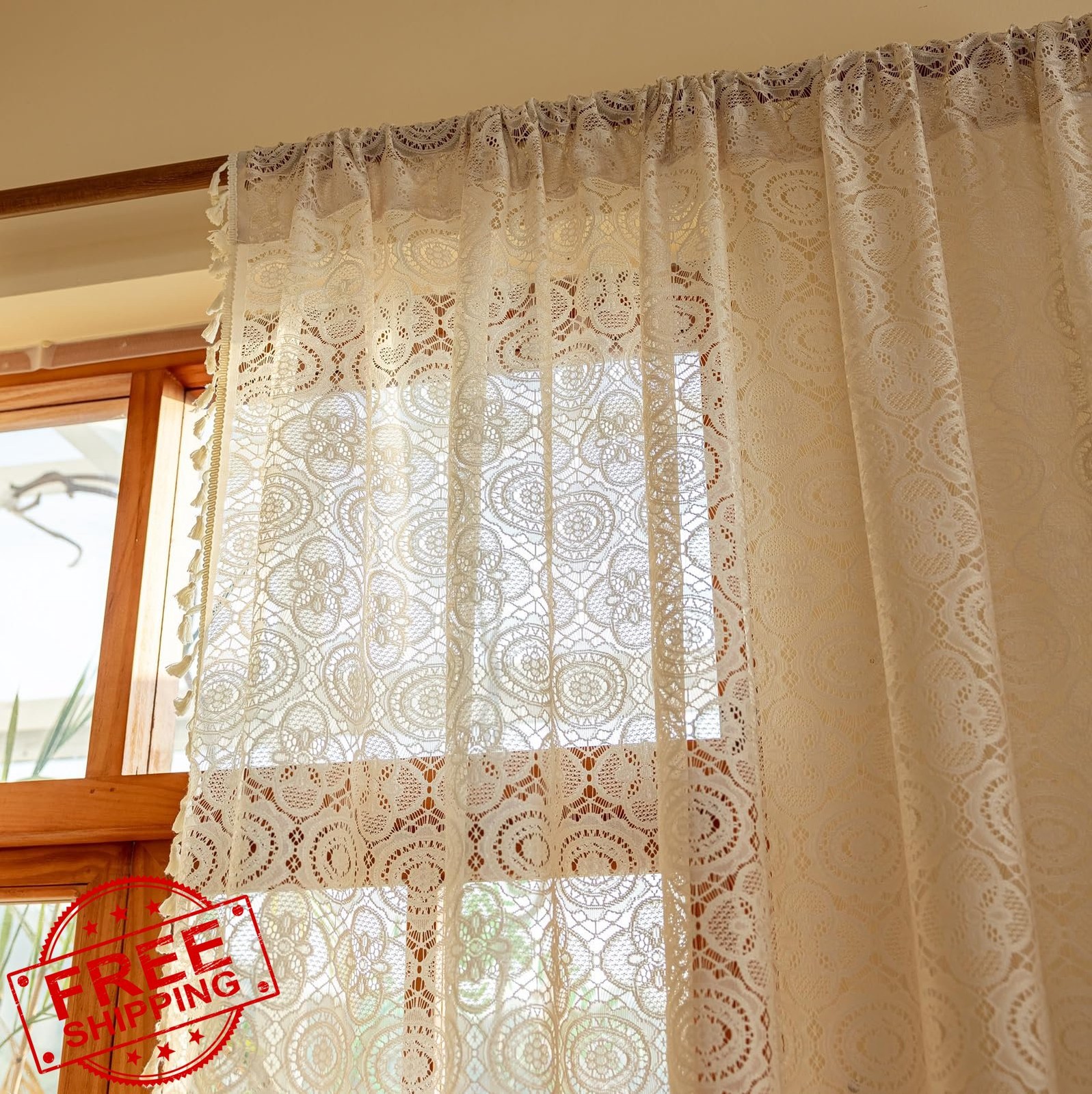 YJ YANJUN Beige Boho Lace Curtains, 108″ L, 2 Panels, Tassel Drapes