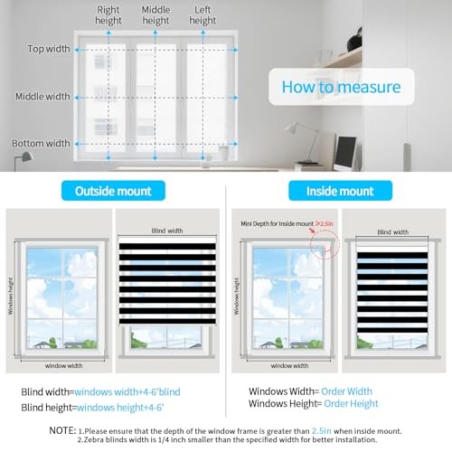 Cordless Zebra Blinds for Windows (32″ W X 72″ H) Free-Stop 32″W x 72″H Black