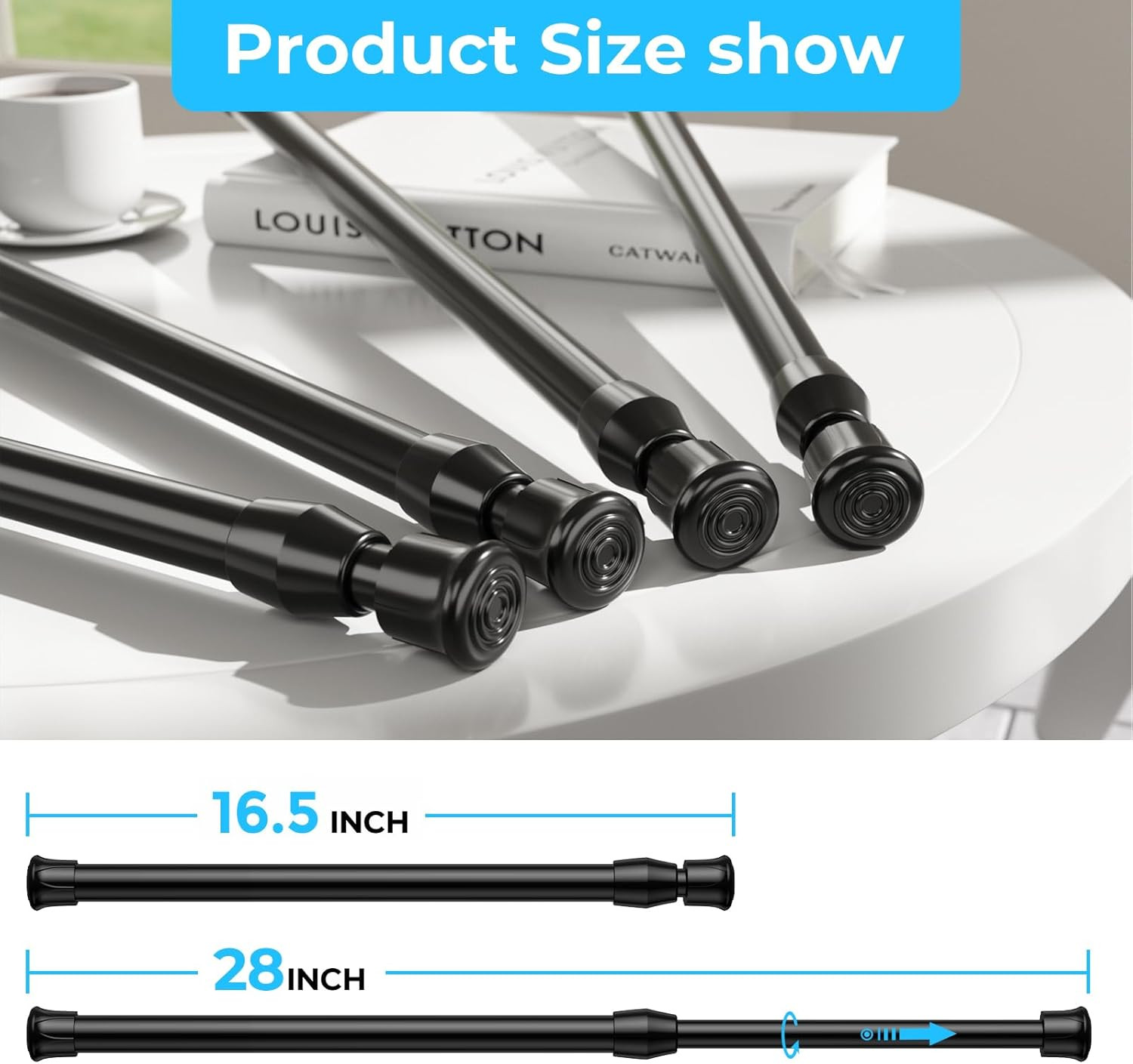 4Pcs Black Tension Rod 16.5 to 28 Inch, Adjustable Tension Curtain Rod Spring Cu