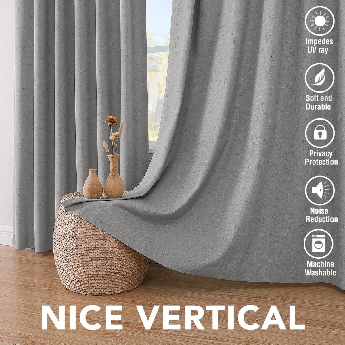 Linen Blackout Curtains 96″ Long, Thermal Insulated Drapes, 2 Panels, Dove Gray