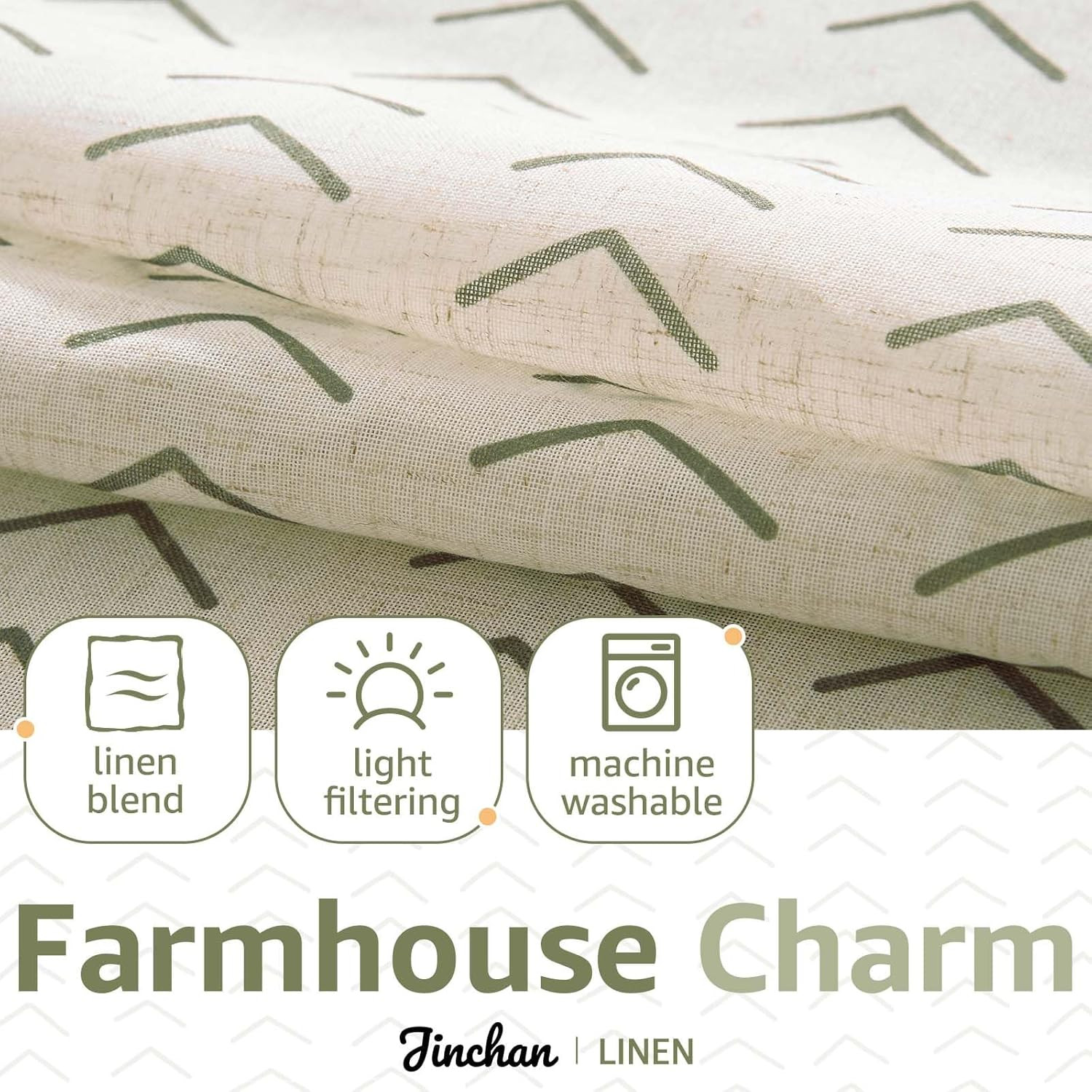 Boho Linen Blend Kitchen Curtains 24 Inch Length Herringbone Printed Tier Curtai