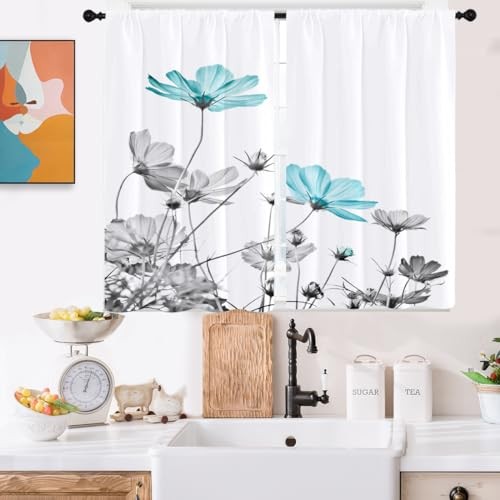 and Gray Floral Kitchen Curtains Mini 27.5” W x 27.5″W x 39″L (Pack of 2) Teal