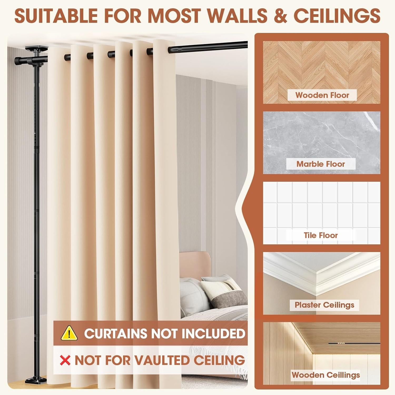 Room Divider Curtain Rod No Drilling Tension Rod Room Separation 4-10ft(H